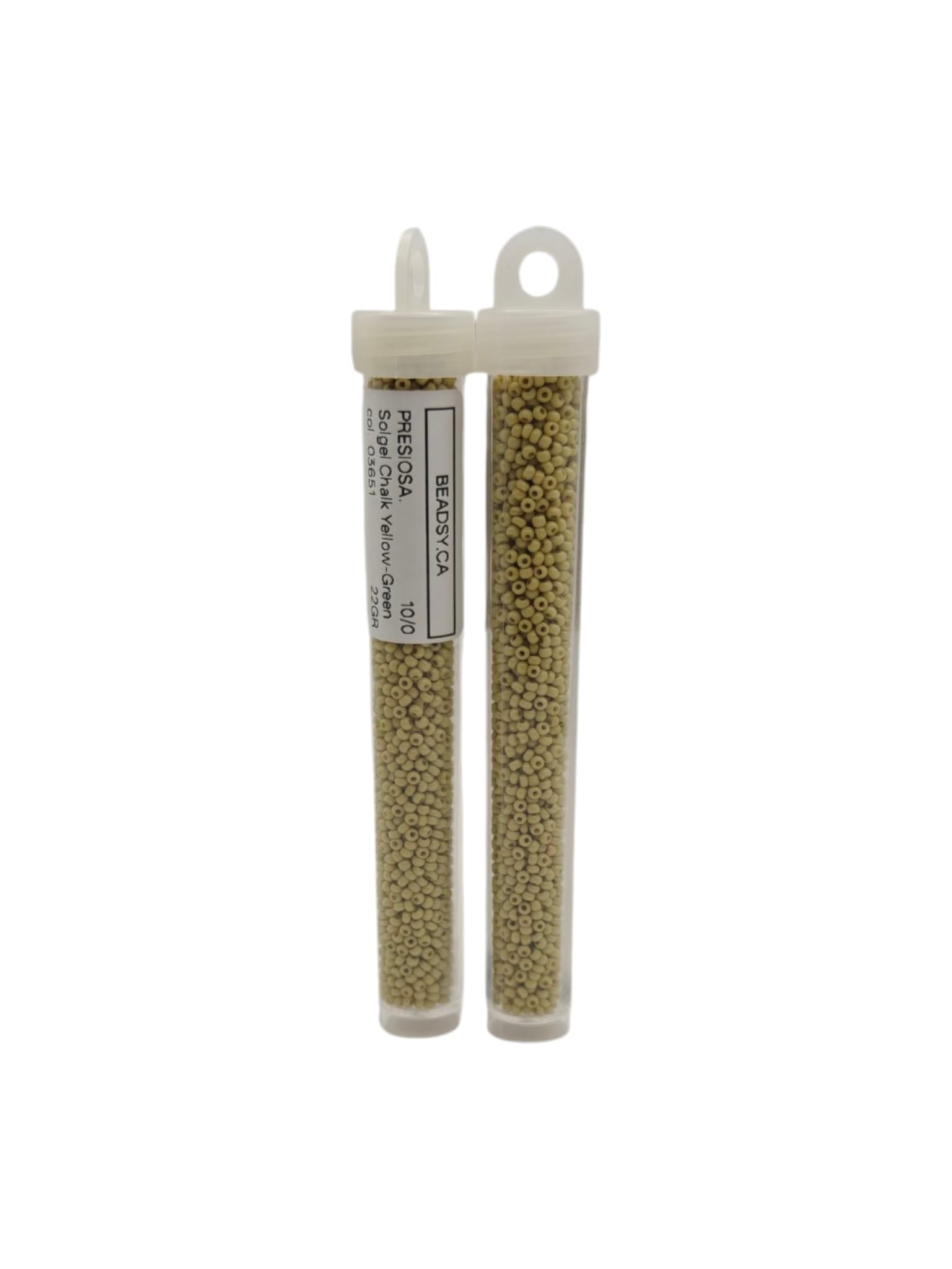 Two labeled tubes of Preciosa 10/0 seed beads, Solgel Chalk Yellow-Green (03651) — Czech glass beads for jewelry, embroidery and bead weaving.