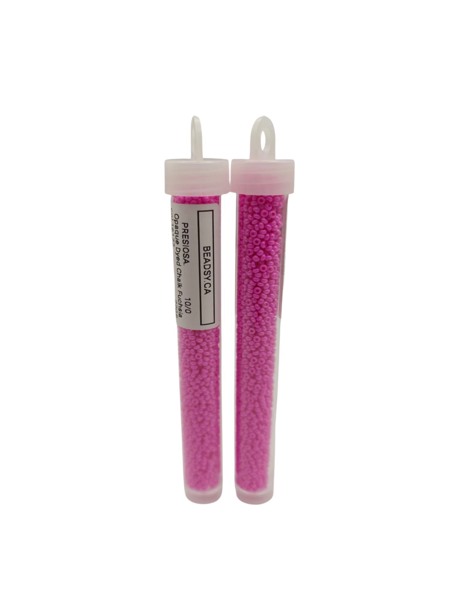 Two tubes of Preciosa opaque dyed chalk fuchsia 10/0 seed beads – color code 16177