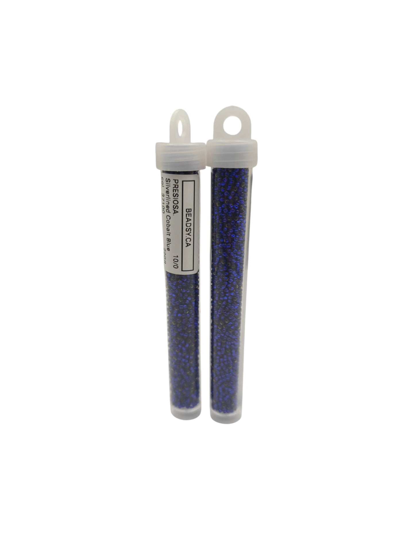 Two tubes of 10/0 silverlined cobalt blue Preciosa seed beads from Beadsy.ca