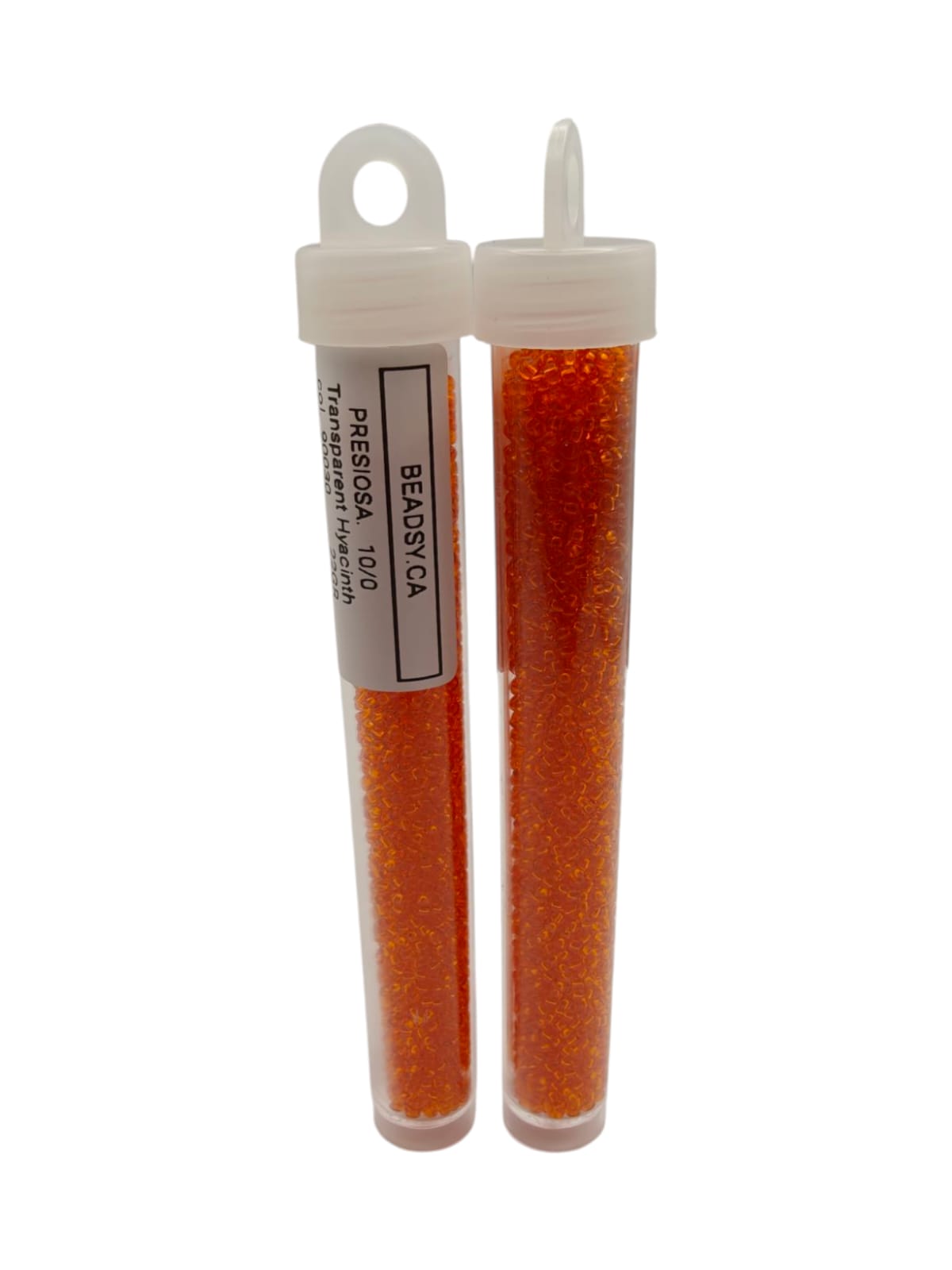 Two tubes of PRECIOSA 10/0 transparent orange seed beads (Hyacinth), colour code 90030, by Preciosa Ornela, labeled by BEADSY.CA

