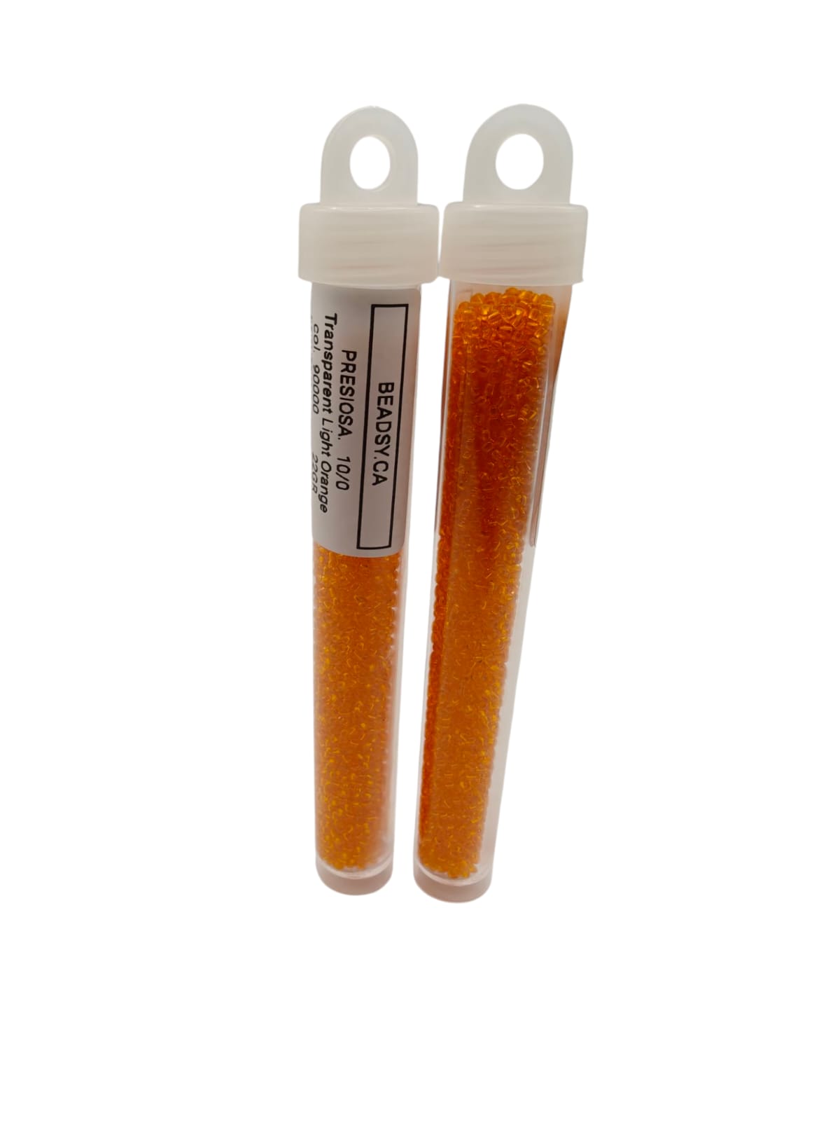 Two tubes of PRECIOSA 10/0 transparent light orange seed beads, colour code 90000, packaged by BEADSY.CA