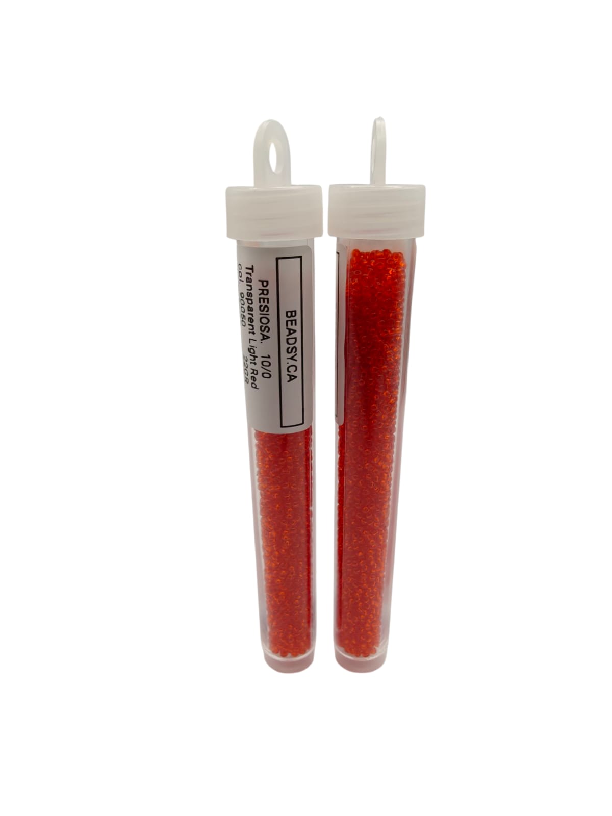 Two tubes of PRECIOSA 10/0 transparent light red seed beads, colour code 90050, packaged by BEADSY.CA