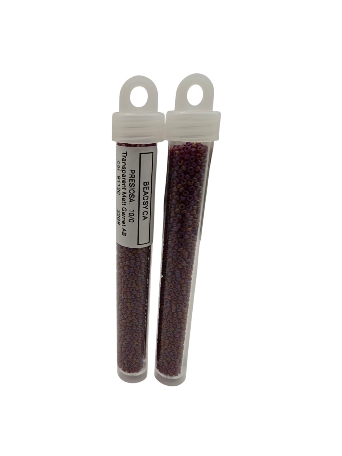 Two tubes of PRECIOSA 10/0 matte garnet AB seed beads, transparent frosted finish, colour code 91120m, labeled by BEADSY.CA