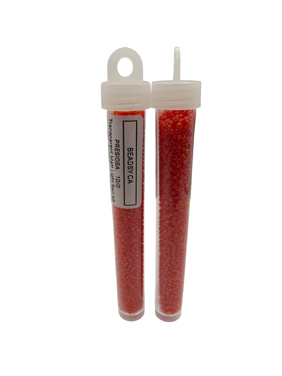 Two tubes of PRECIOSA 10/0 matte red AB seed beads, transparent frosted finish, colour code 91050m, labeled by BEADSY.CA