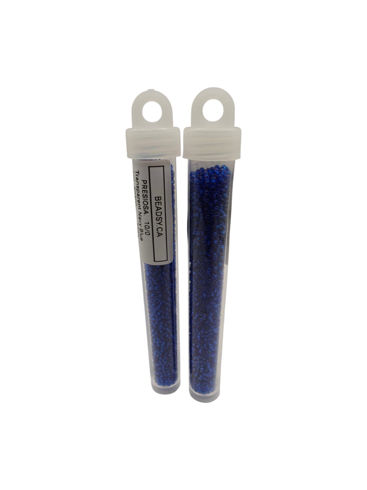 Two tubes of PRECIOSA 10/0 transparent navy blue seed beads, colour code 60300, packaged by BEADSY.CA

