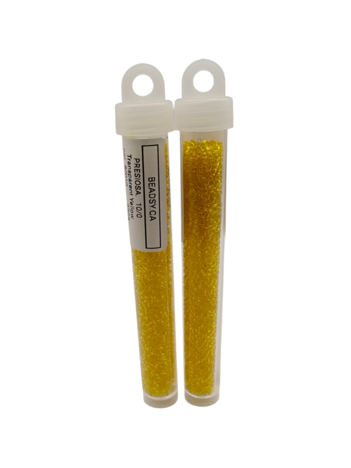 Two tubes of PRECIOSA 10/0 transparent yellow seed beads, colour code 80010, packaged by BEADSY.CA