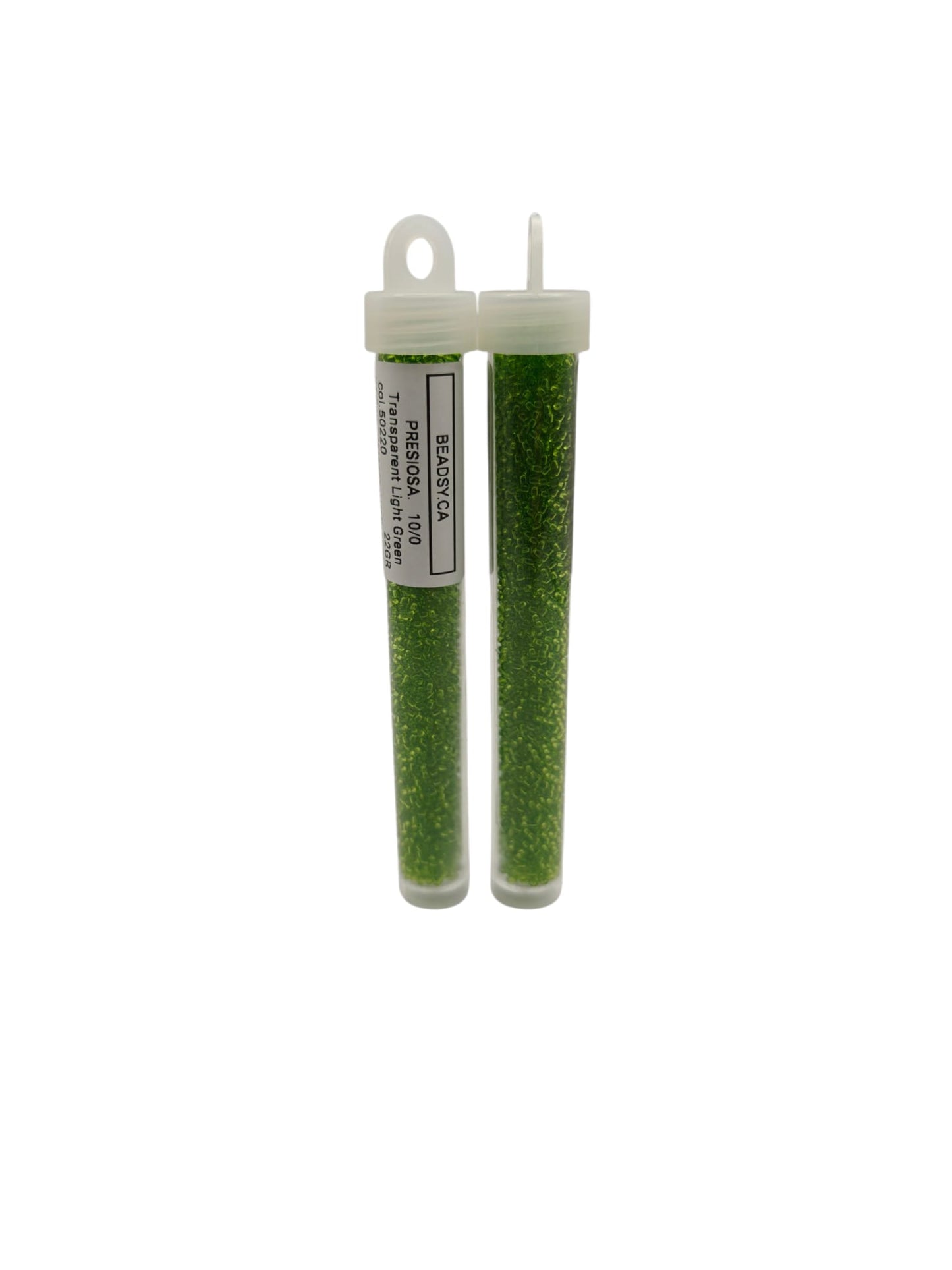 Two tubes of Transparent Light Green Preciosa Czech seed beads 10/0 – color 50220

