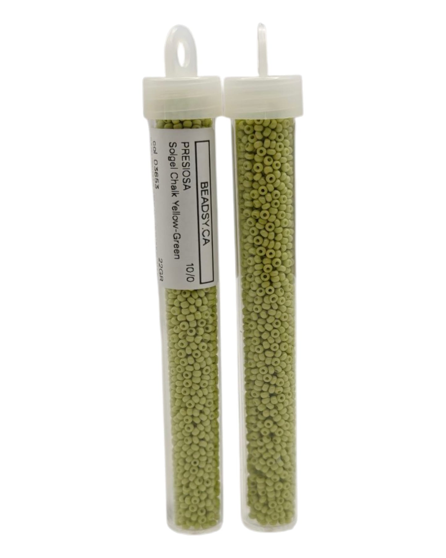 Two tubes of 10/0 Chalk Yellow-Green Czech seed beads (Solgel line), code 03653 — Beadsy