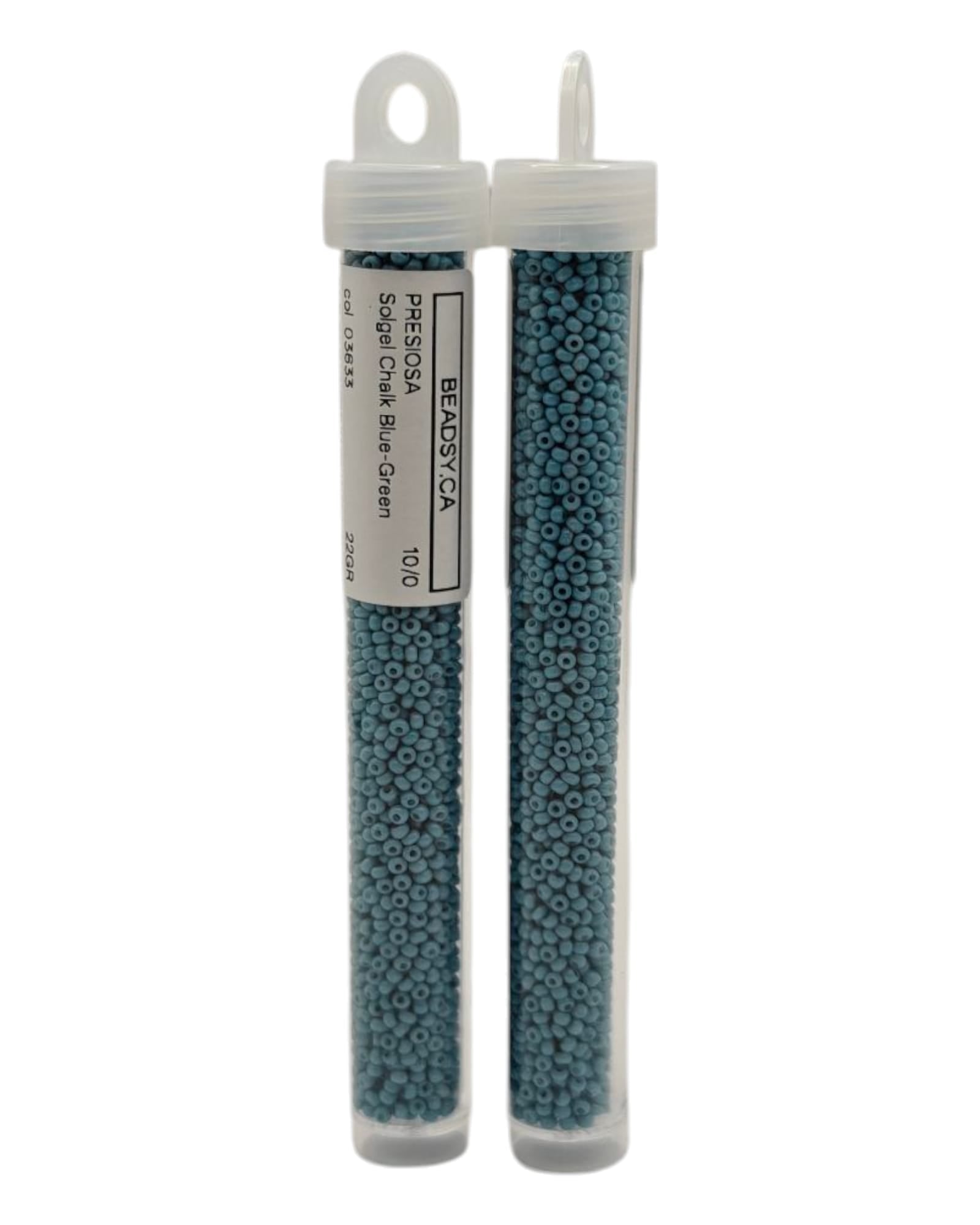 Two tubes of 10/0 Chalk Blue-Green Czech seed beads (Solgel line), code 03633 — Beadsy