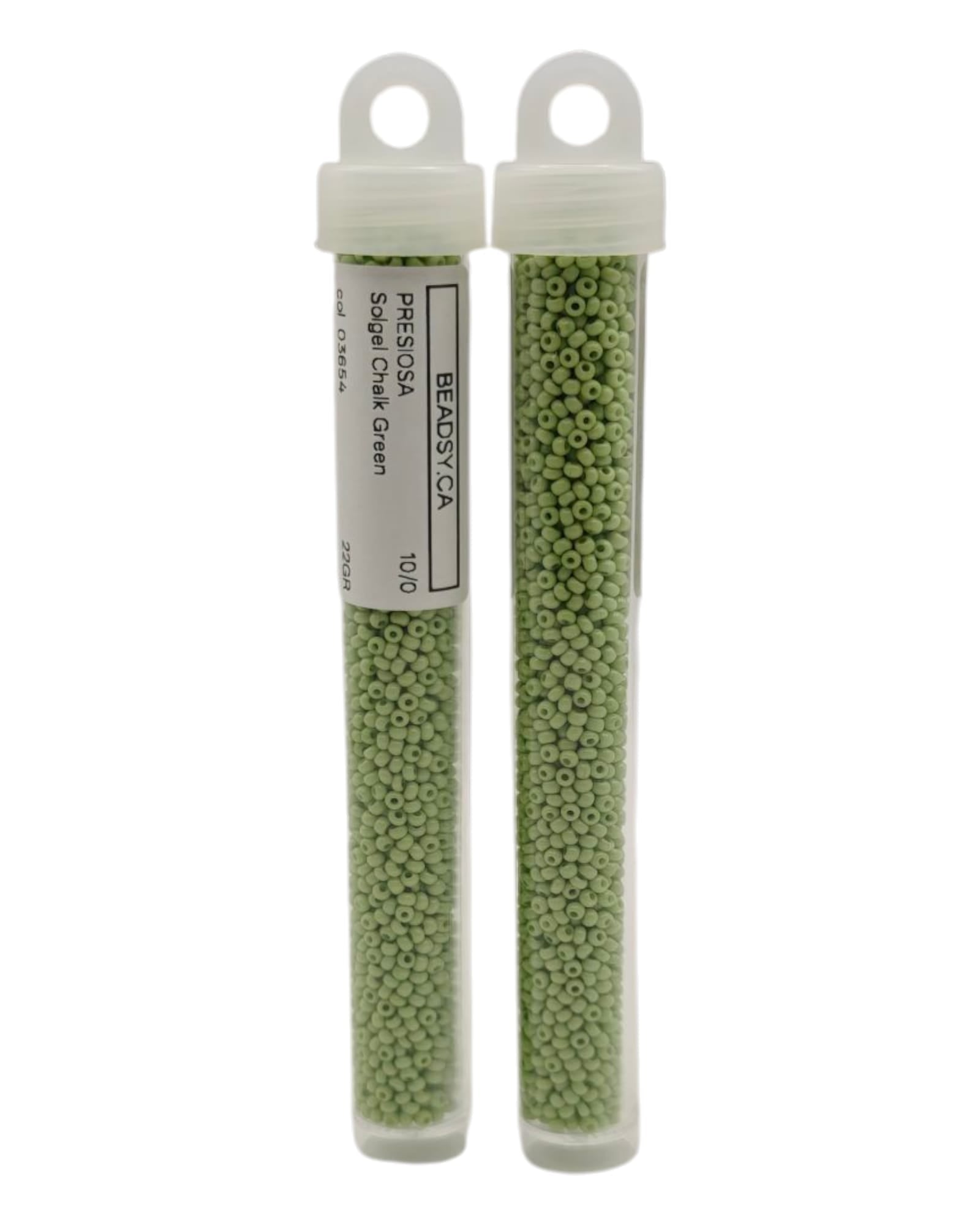Two tubes of 10/0 Chalk Green Czech seed beads (Solgel line), code 03654 — Beadsy.