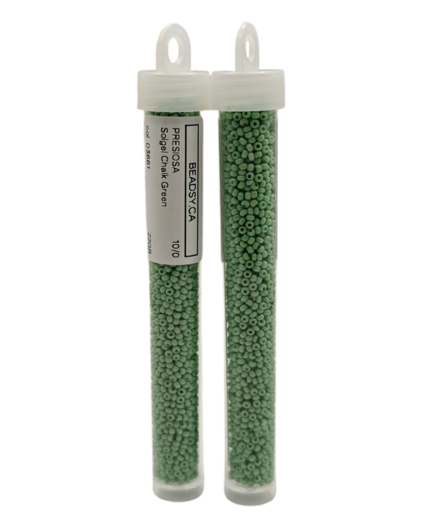 Two tubes of 10/0 Chalk Green Czech seed beads (Solgel line), code 03661 — Beadsy.