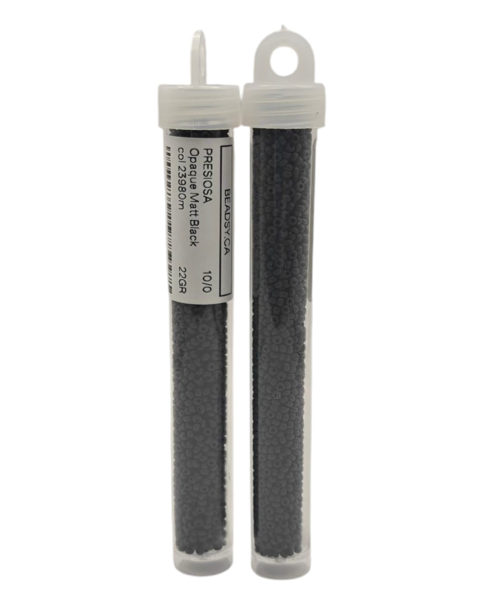 Two tubes of Preciosa 10/0 Opaque Matte Black Czech seed beads (23980m).