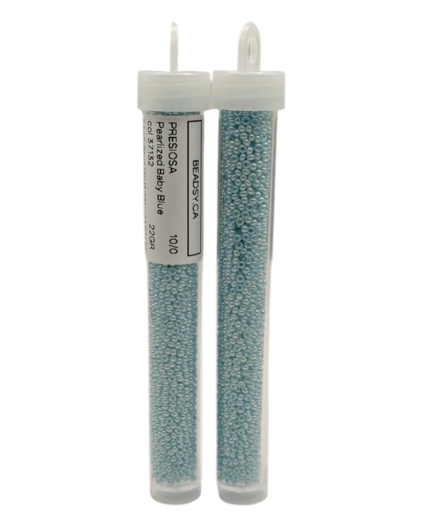Two tubes of Preciosa 10/0 Pearlized Baby Blue seed beads (colour code 37132), front and back view.