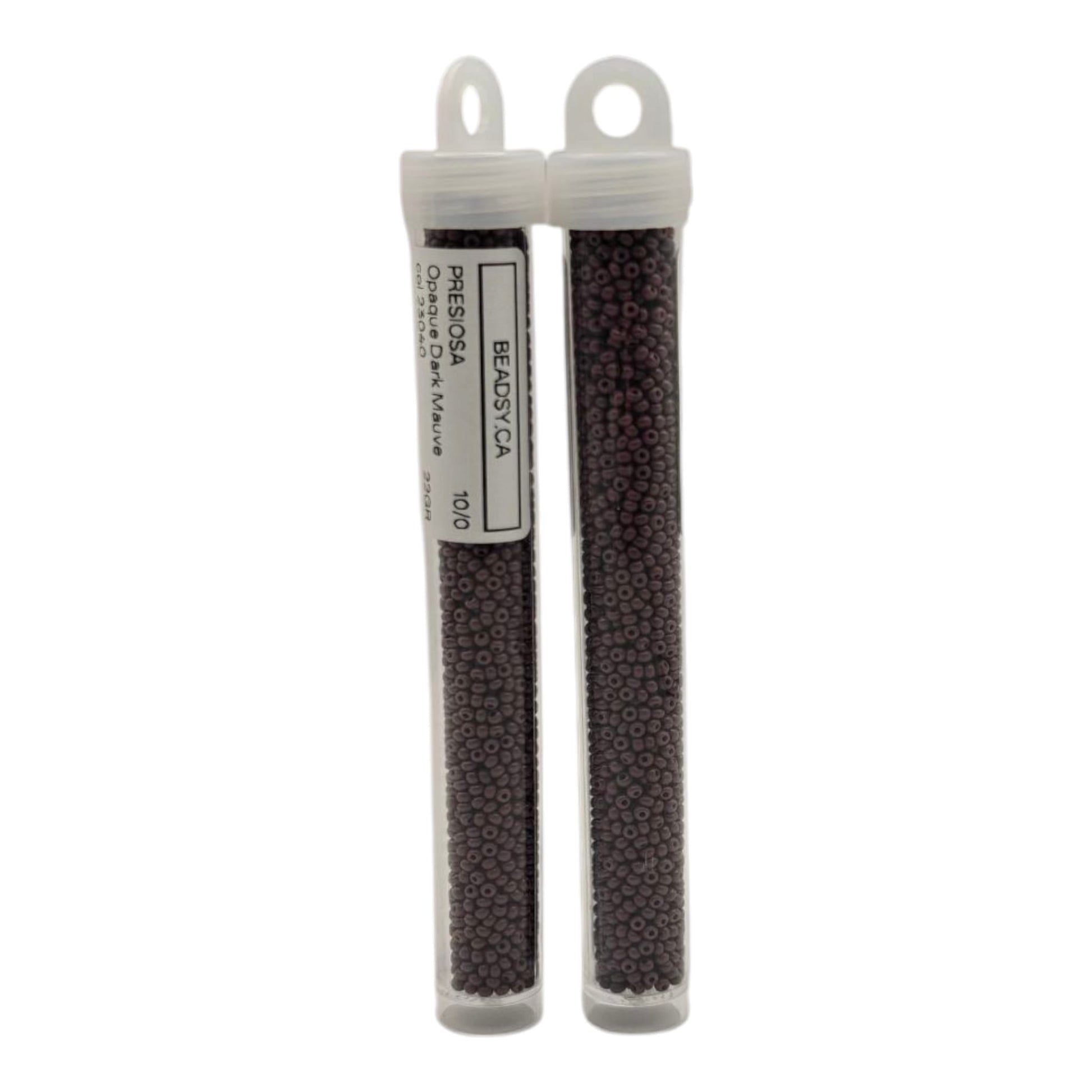 Two tubes of Preciosa 10/0 opaque Dark Mauve seed beads, colour code 23040