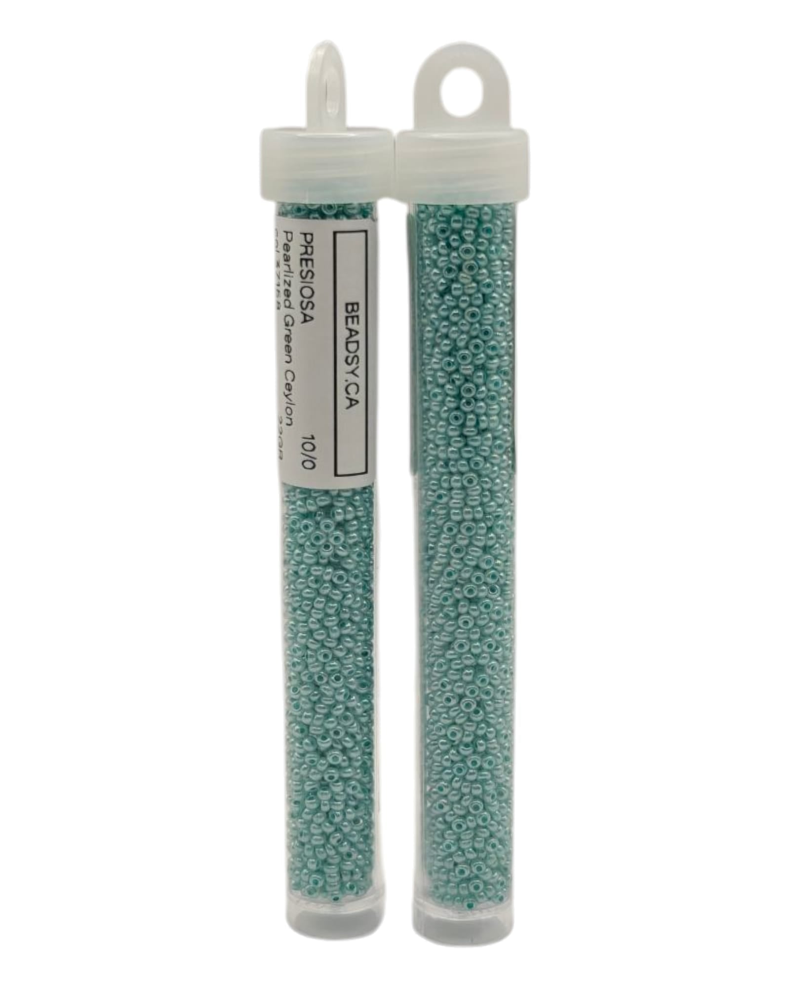 Two tubes of Preciosa 10/0 seed beads, Pearlized Green Ceylon 37158, Canadian beading supplies