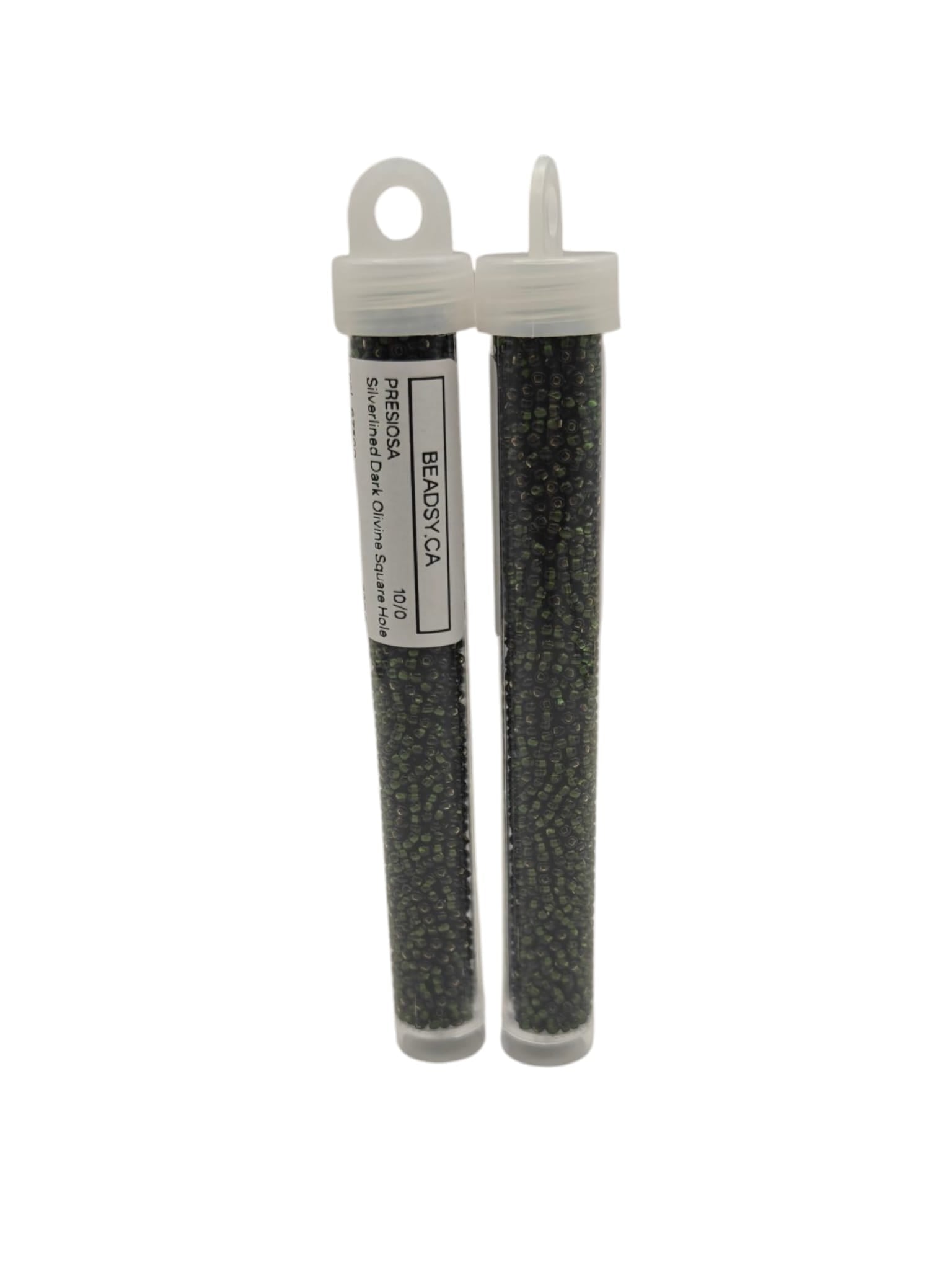 Two tubes of Preciosa Czech seed beads 10/0 Silverlined Dark Olivine (Square Hole), SKU 46-S1042