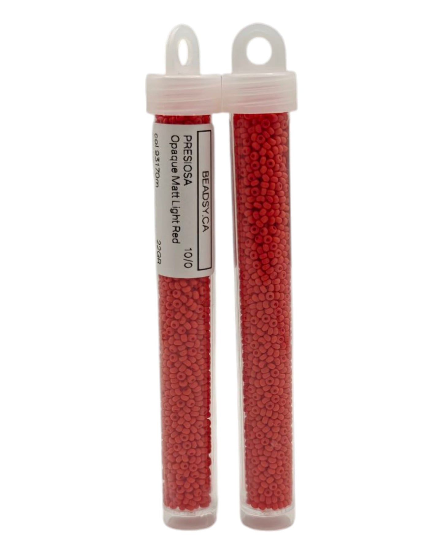 Two tubes of Preciosa Ornela 10/0 Opaque Matte Light Red seed beads 93170m by Beadsy.ca