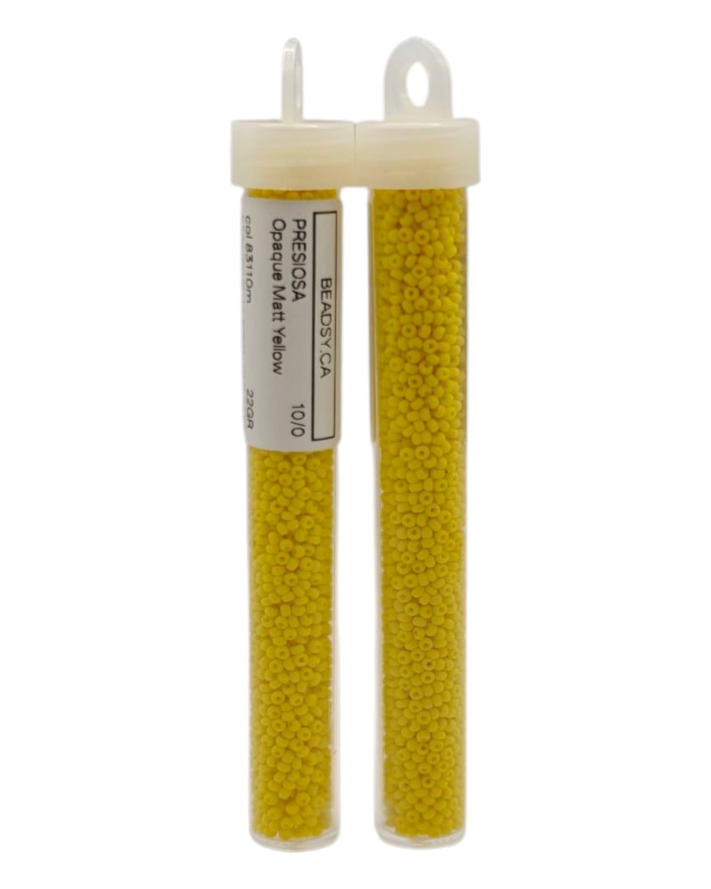 Two tubes of Preciosa Ornela 10/0 Opaque Matte Yellow seed beads 83110m from Beadsy.ca