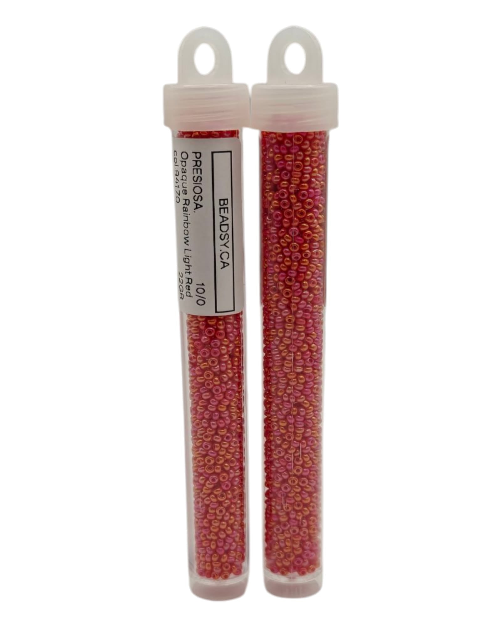 Two tubes of Preciosa Ornela 10/0 Opaque Rainbow Light Red seed beads, code 94170