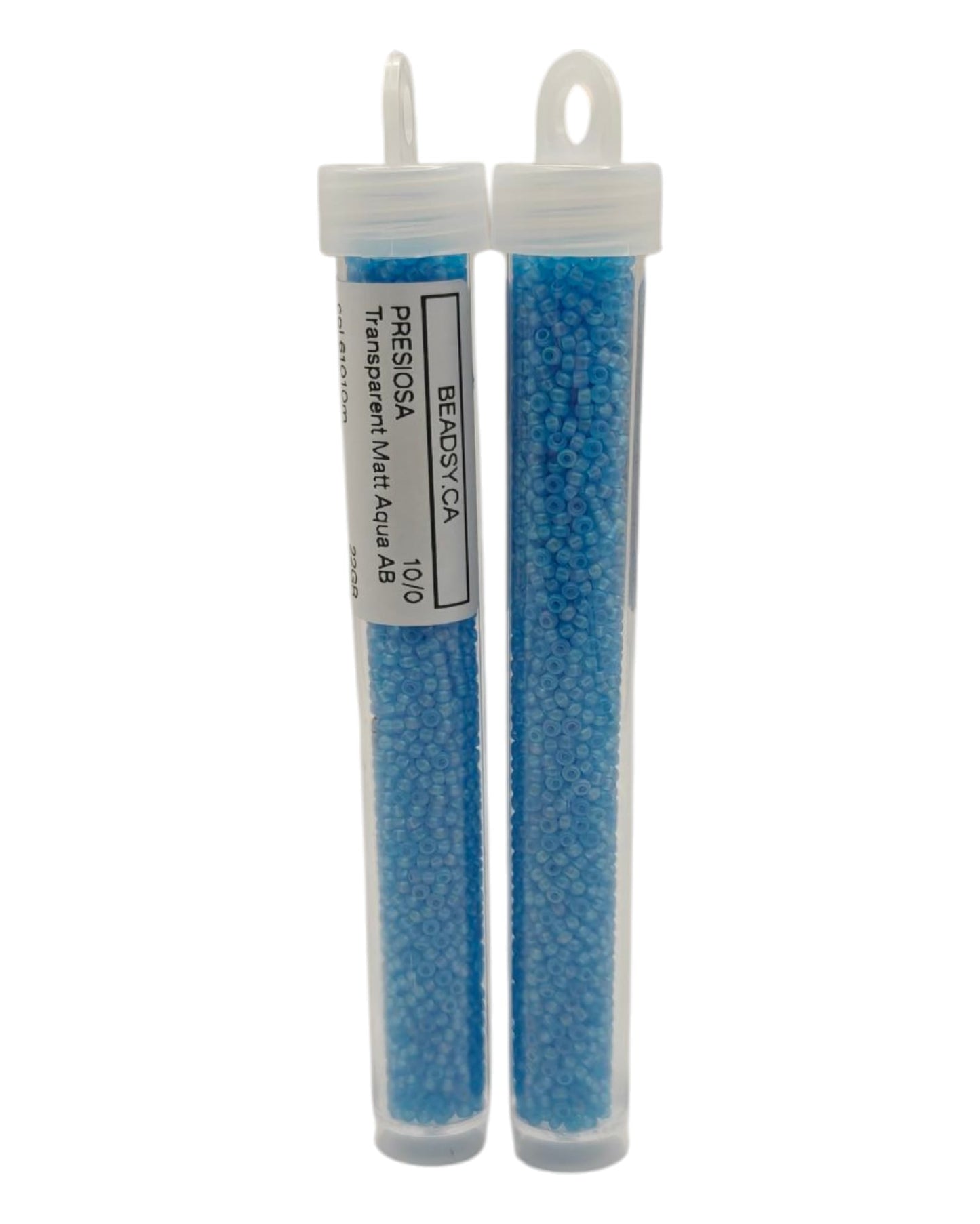 Two tubes of Preciosa Ornela 10/0 Transparent Matte Aqua AB seed beads 61010m by Beadsy.ca