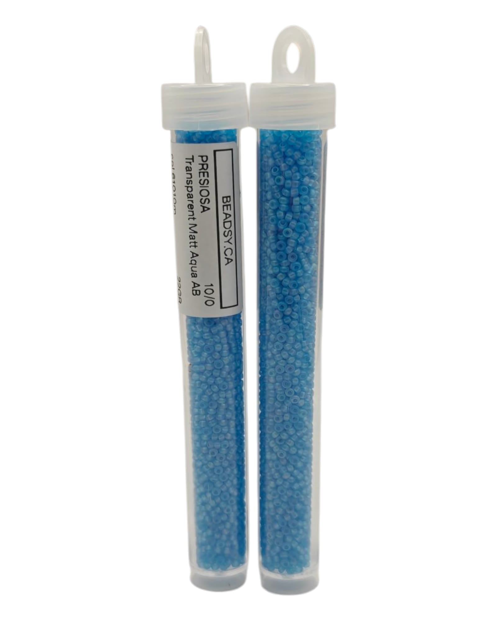 Two tubes of Preciosa Ornela 10/0 Transparent Matte Aqua AB seed beads 61010m by Beadsy.ca