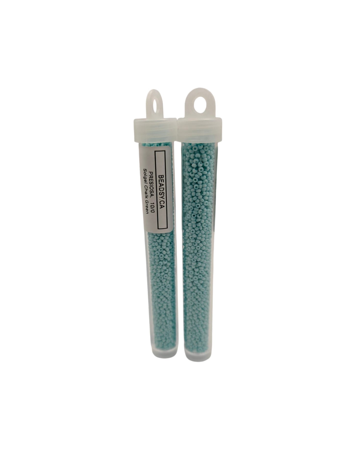 Two vials of Preciosa Czech Seed Beads 10/0 - Solgel Chalk Blue (03265) on white background