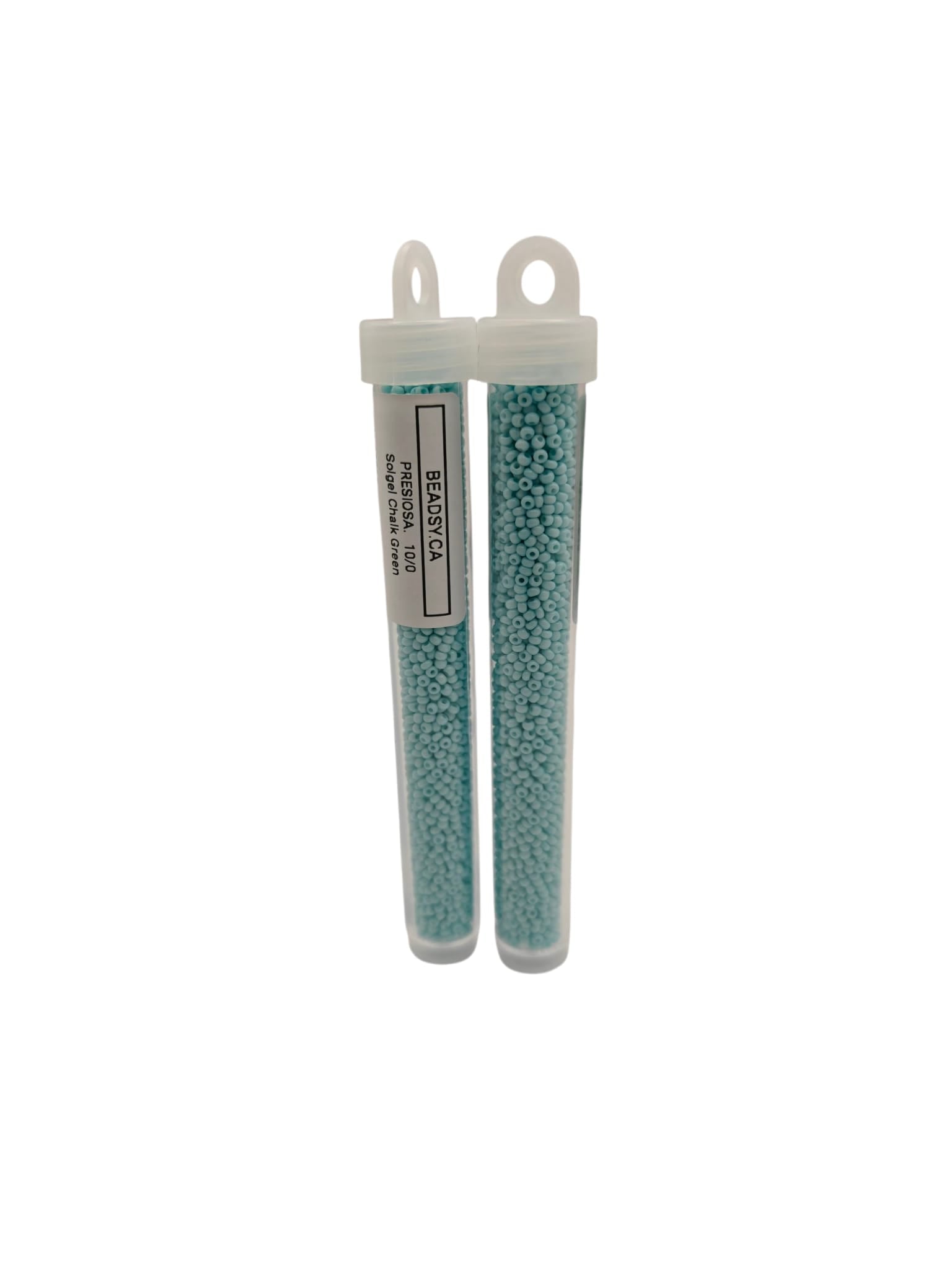 Two vials of Preciosa Czech Seed Beads 10/0 - Solgel Chalk Blue (03265) on white background