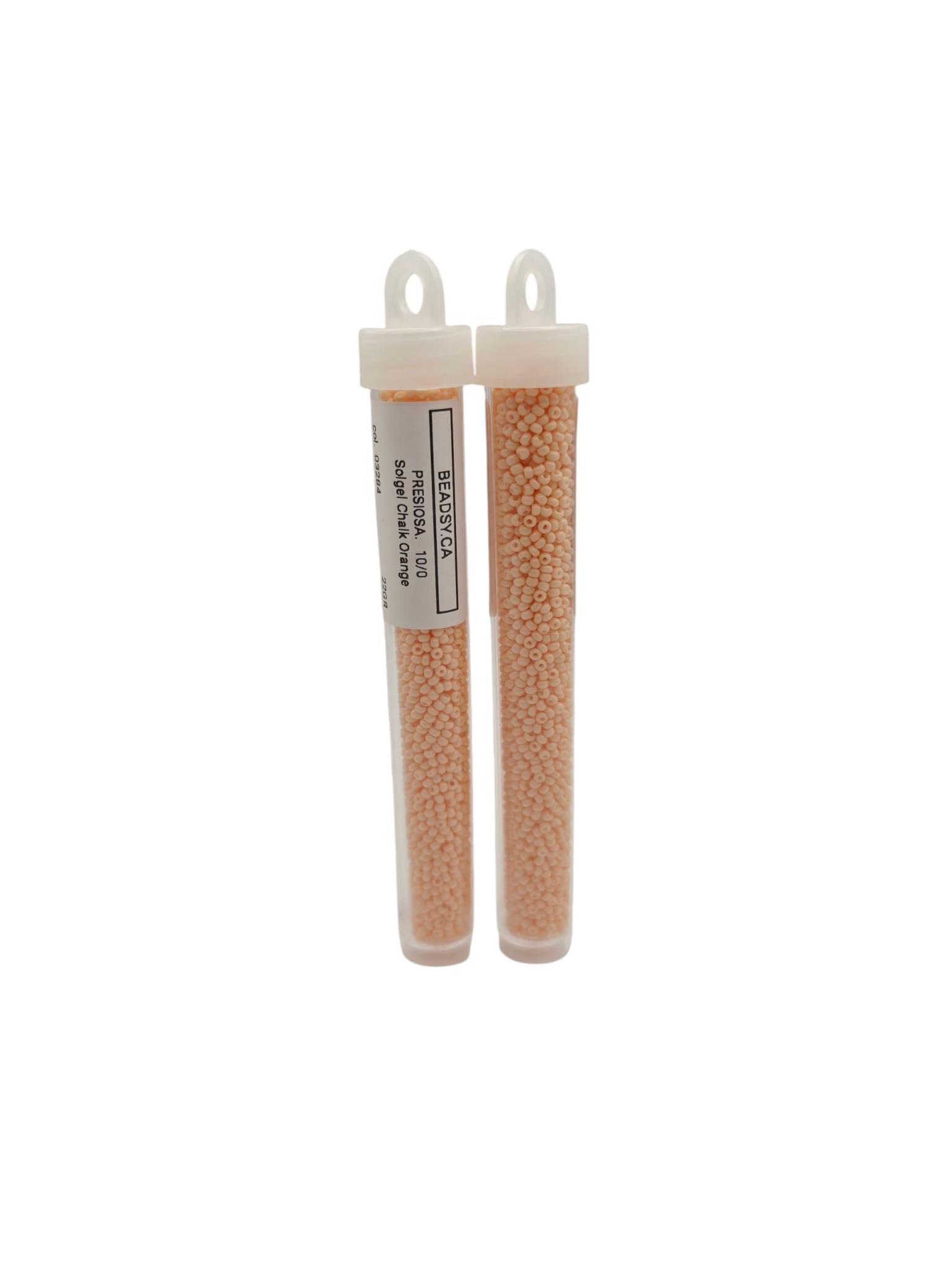 Two vials of Preciosa 10/0 Czech Seed Beads – Solgel Chalk Orange 03284 – BEADSY.CA packaging