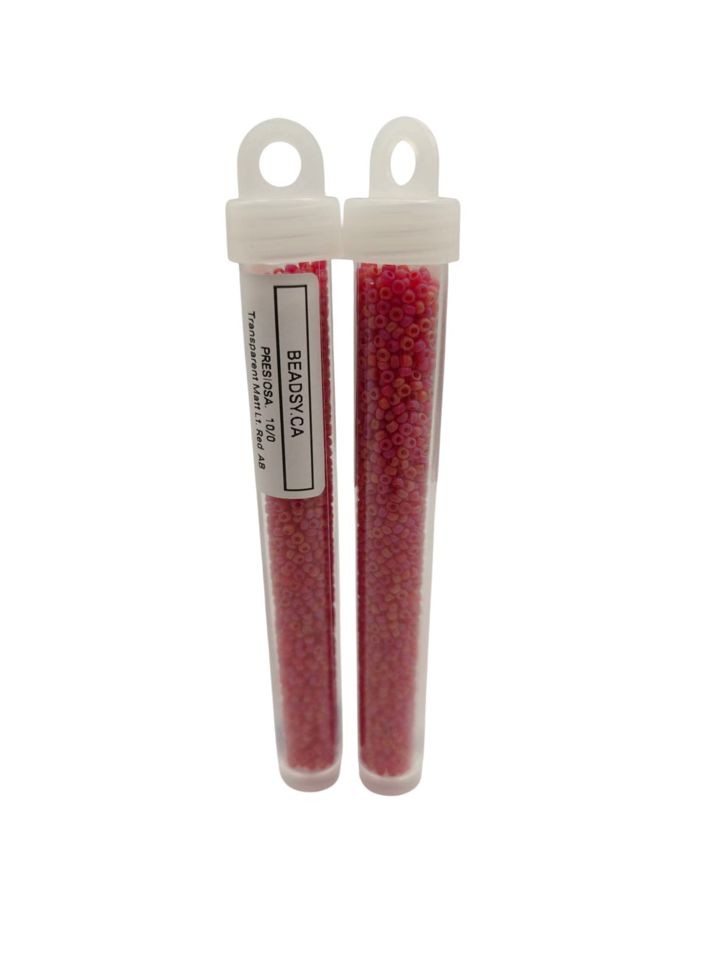 Two vials of Preciosa Czech seed beads 10/0 in color 91070m – transparent frosted rainbow red