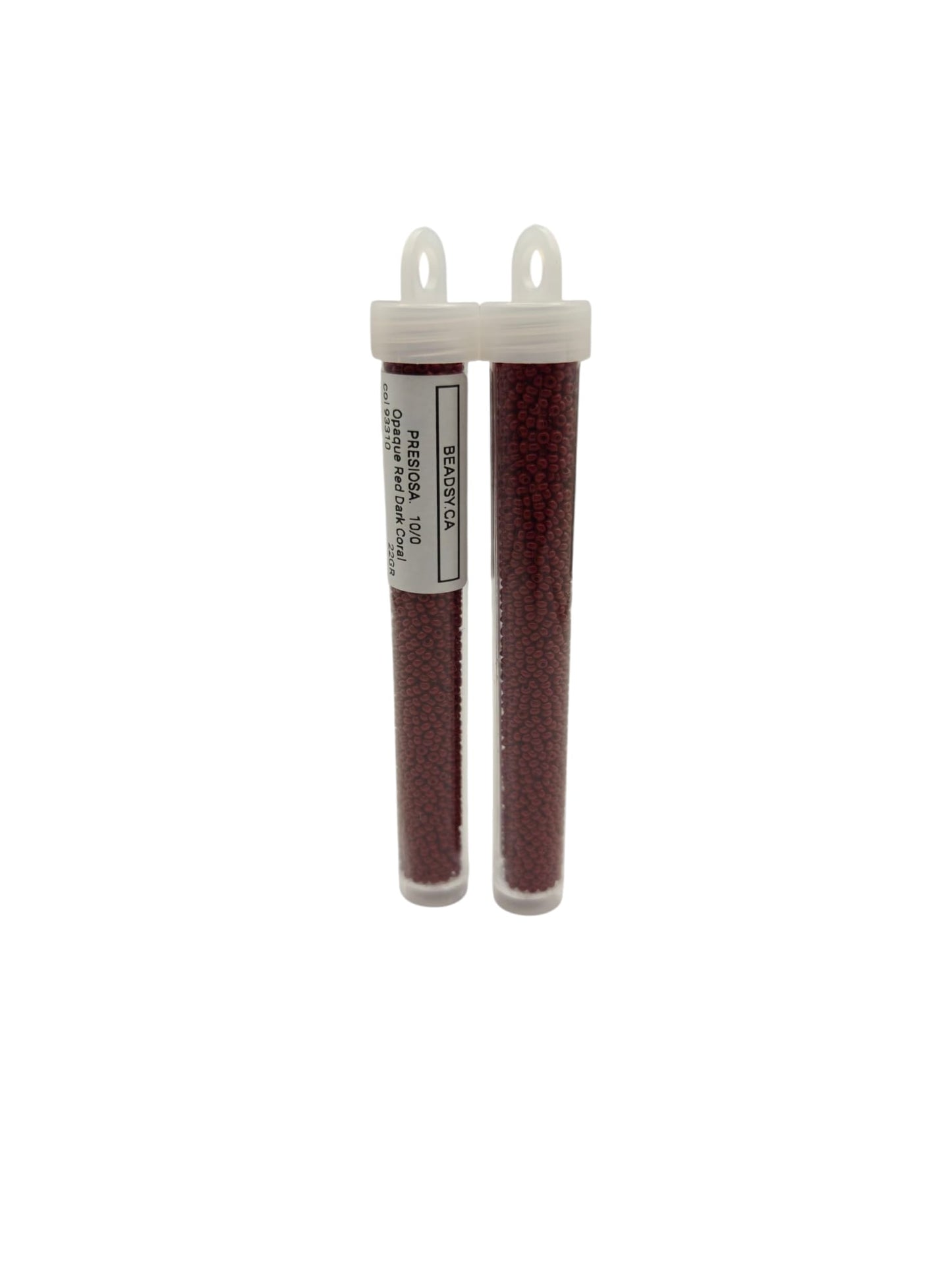 Two vials of Preciosa opaque dark coral 10/0 Czech seed beads – color code 93310