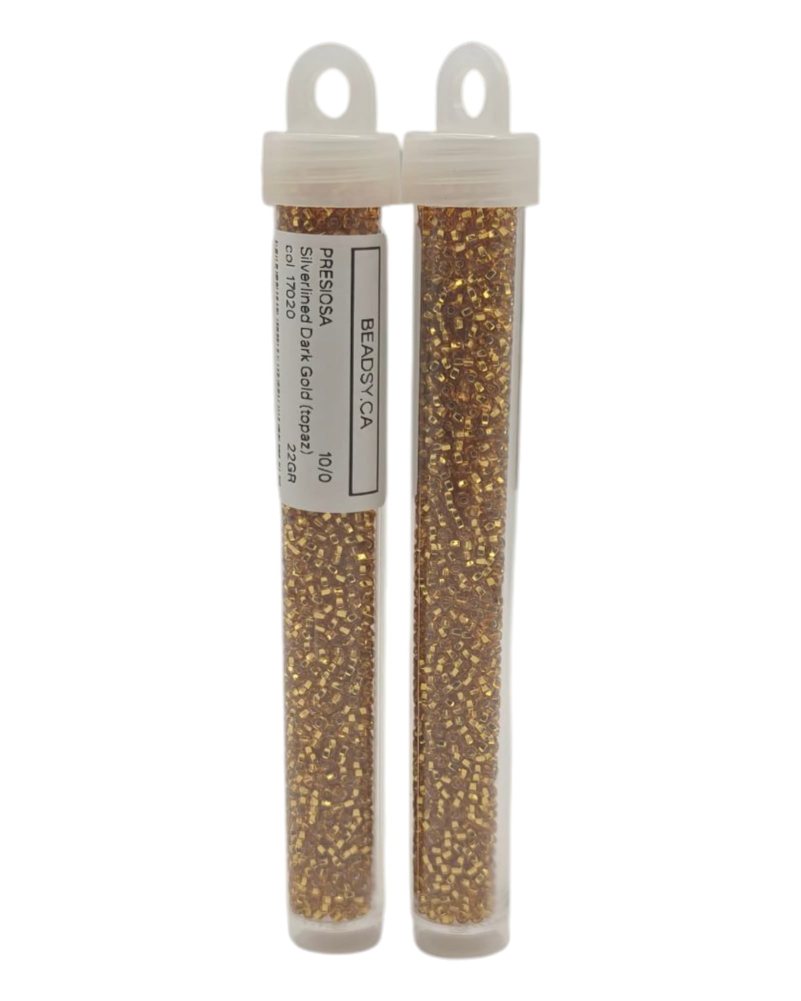 Two vials of Preciosa 10/0 Silverlined Dark Gold Topaz seed beads, 22 g — code 17050.