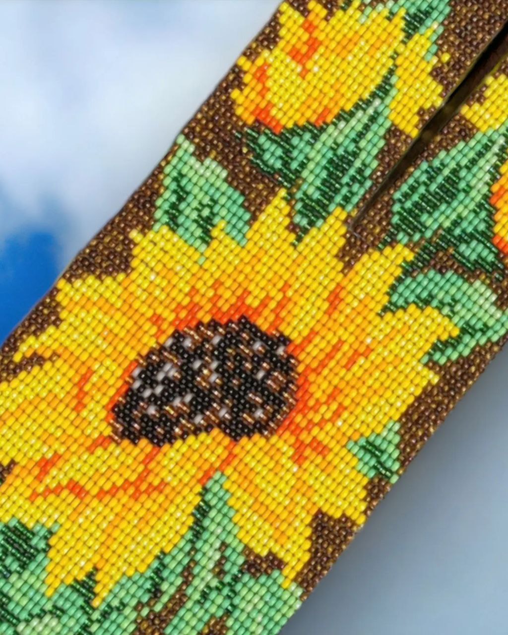 Ukrainian beaded gerdan necklace with sunflower motif close-up