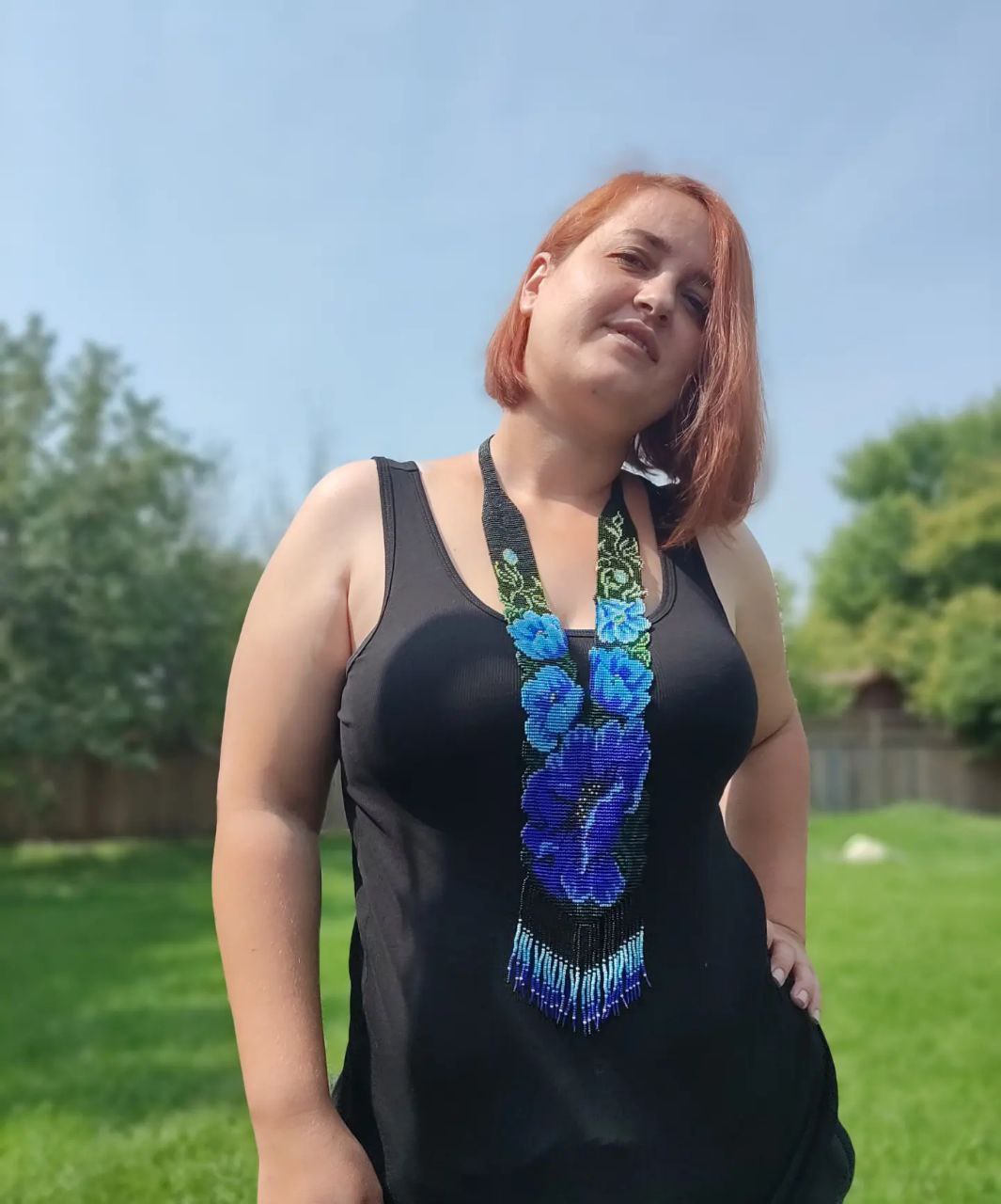 Ukrainian gerdan with blue flowers and fringes