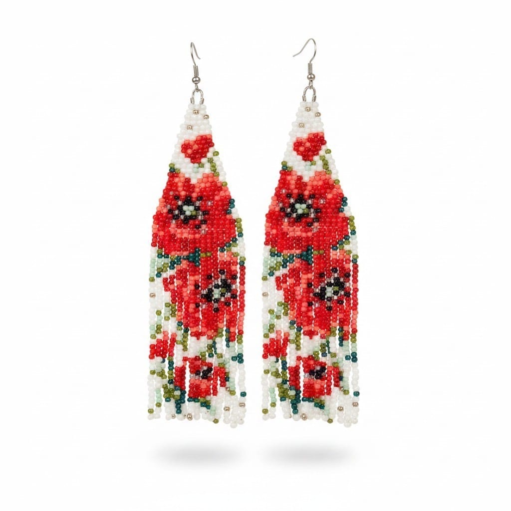 Scarlet Poppy Garden – Handmade Beaded Fringe Earrings
