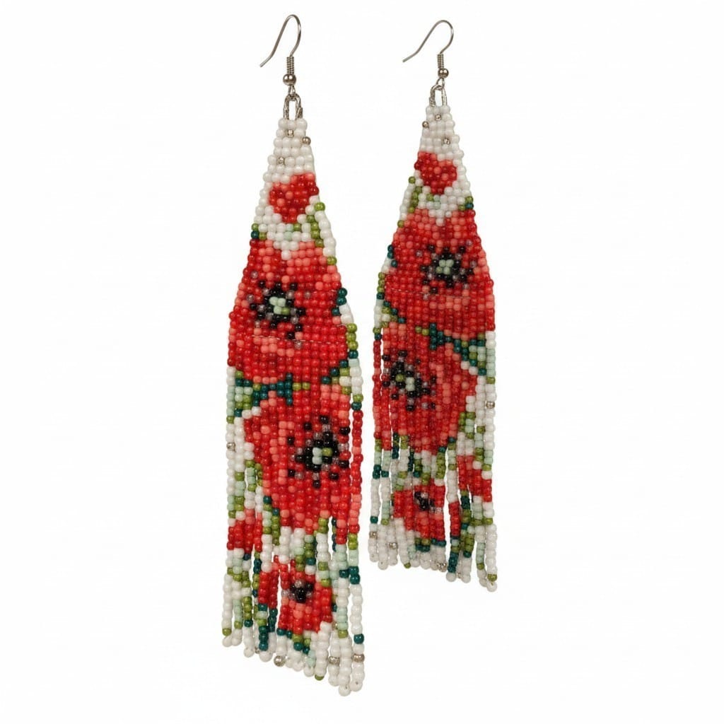 Scarlet Poppy Garden – Handmade Beaded Fringe Earrings