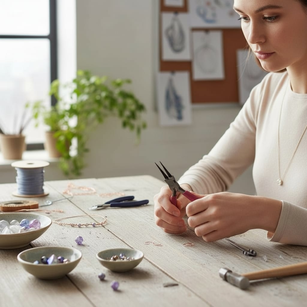 Woman holding long round nose pliers for wire wrapping and jewelry making
