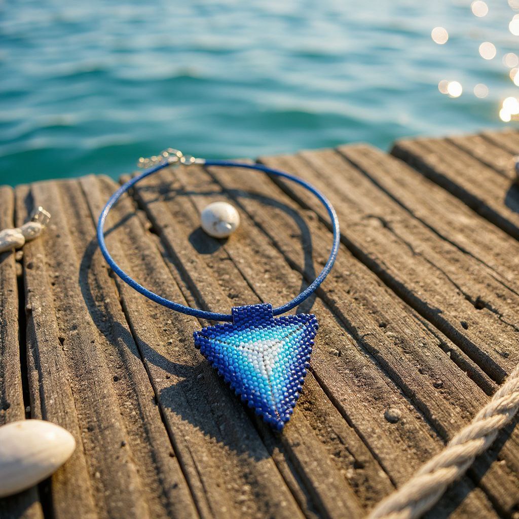 blue triangle beaded pendant on blue cord, styled on wooden pier by water