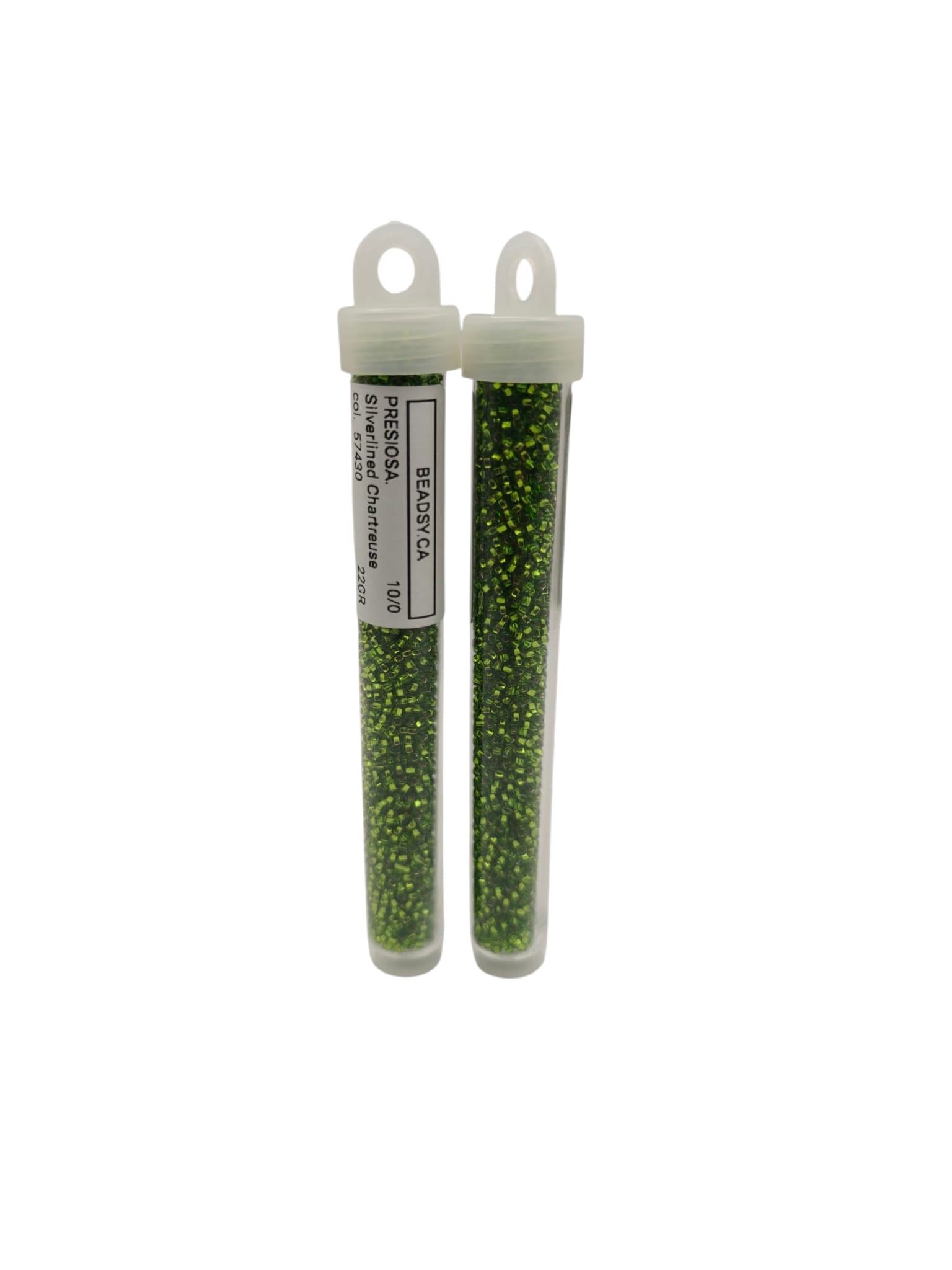 Preciosa 57430 beads in tube packaging, bright green transparent finish