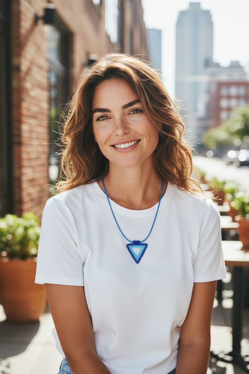 model in white t-shirt with blue geometric beaded pendant on city street