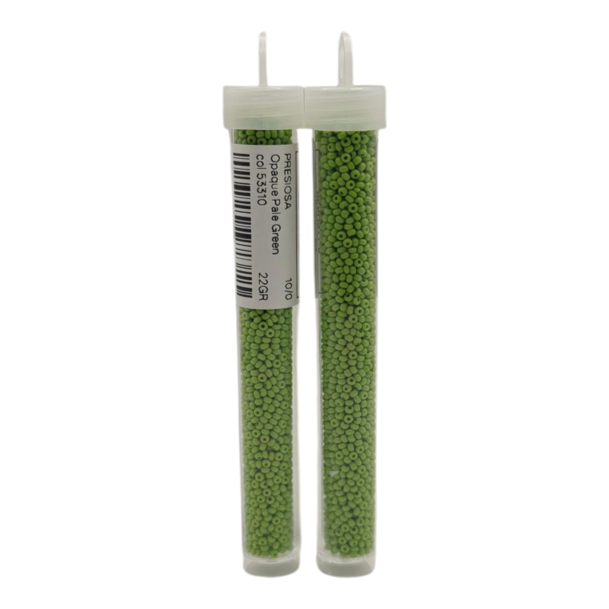tube of czech preciosa 53310 opaque pale green 10/0 seed beads from beadsy.ca