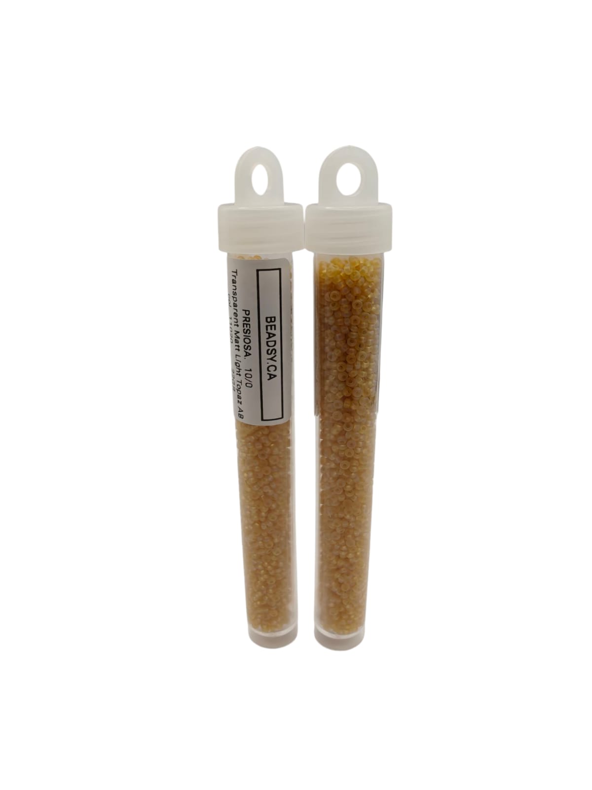 PRECIOSA 10/0 seed beads in transparent matte light brown AB (code 11020m) in labeled tubes from Beadsy.ca