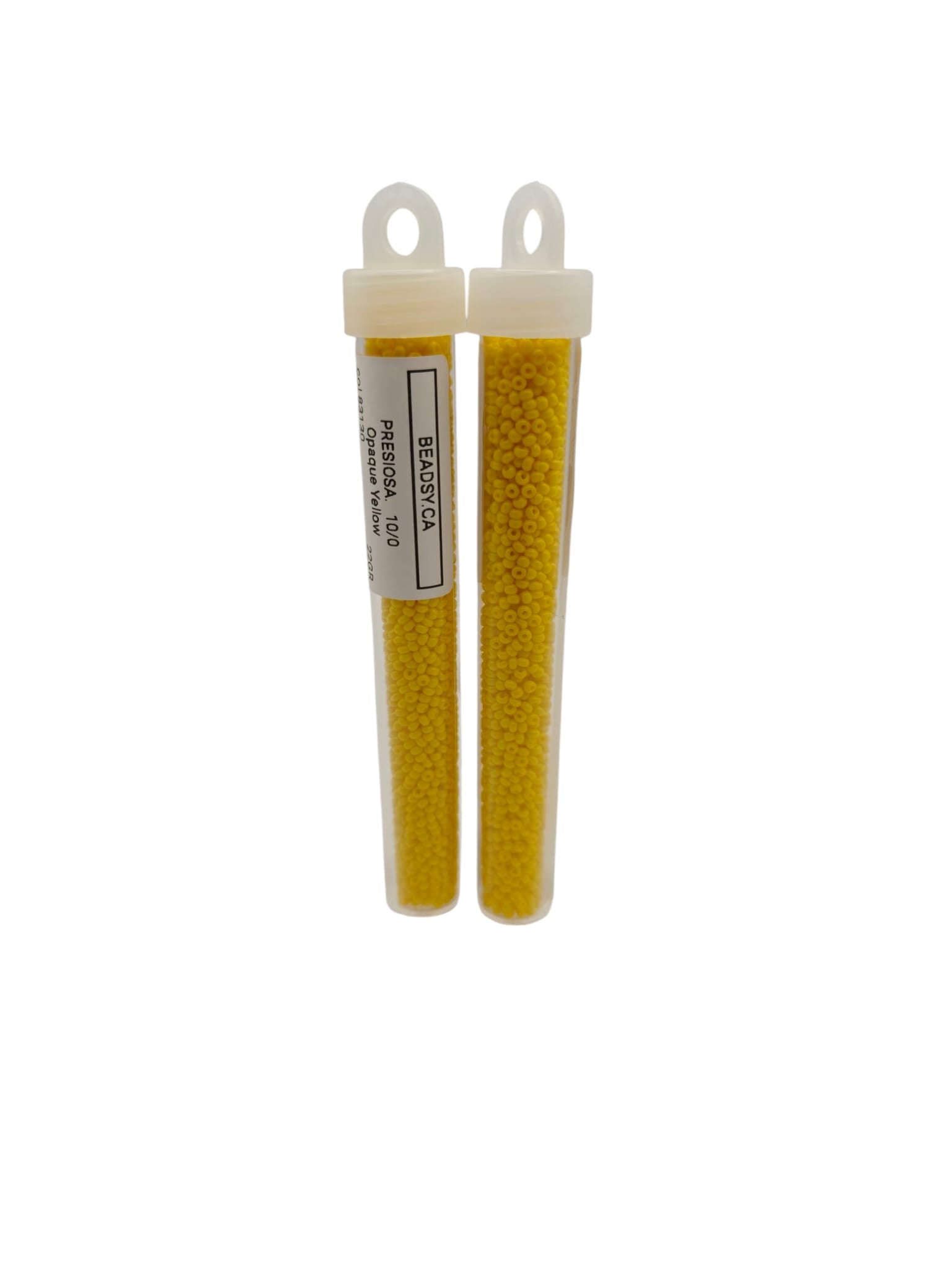 "Opaque yellow Preciosa seed beads in labeled storage tubes – size 10/0"